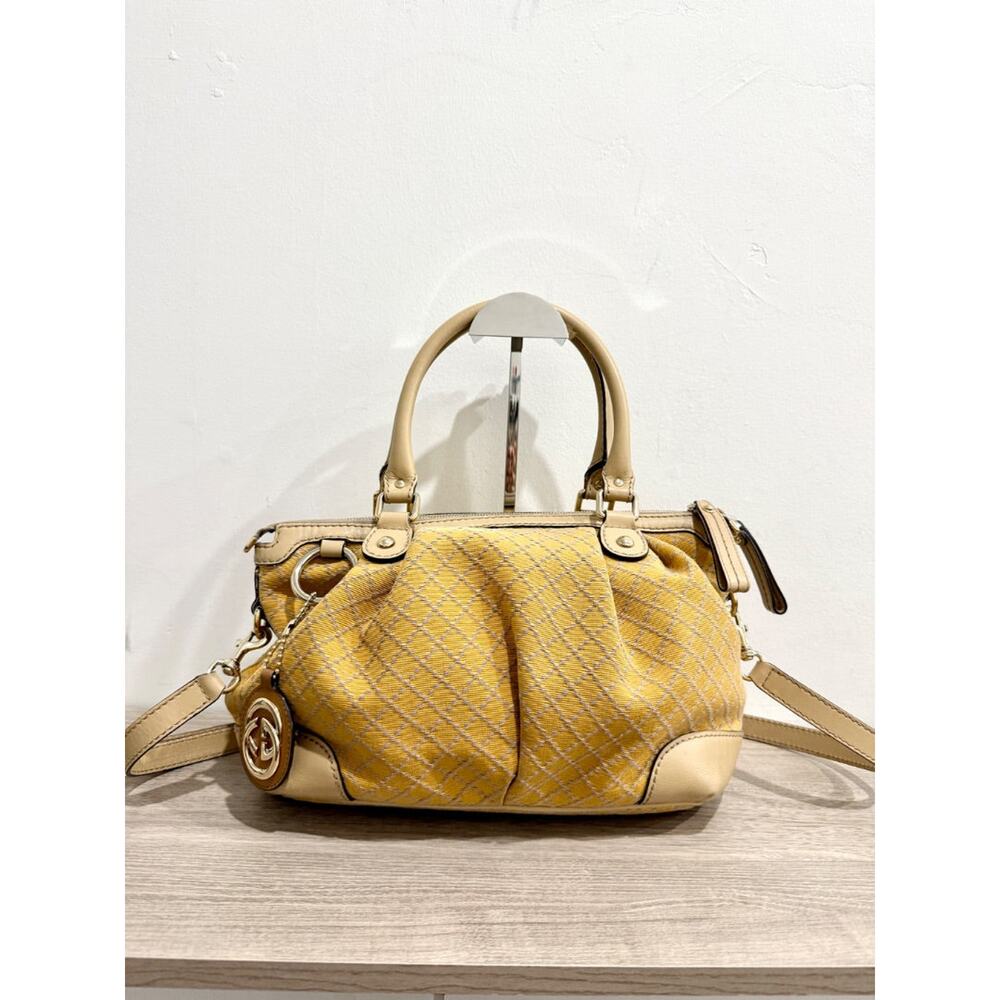Gucci Sukey Diamante Canvas and Leather Satchel Handbag Yellow/Beige